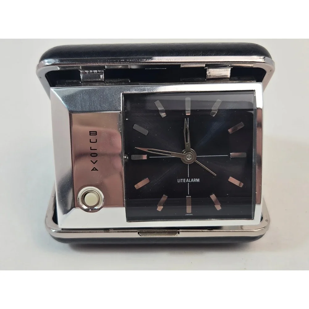 Vintage Bulova Litealarm Travel Clock Folding Wind Up Alarm Japan Black Case